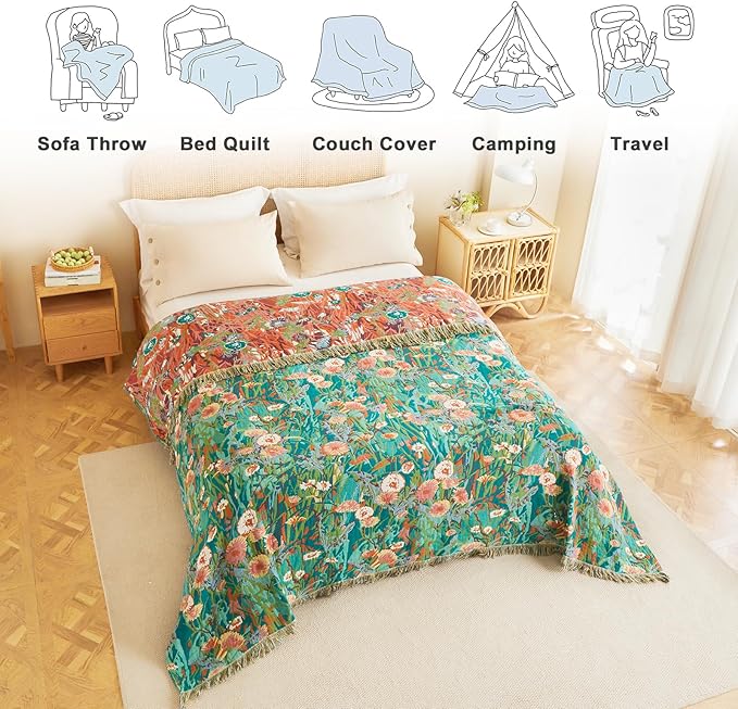 MSGKV Boho Throw Blanket 50"x60" Floral Blankets for Couch 100% Cotton Chair Sofa Throws Lightweight Farmhouse Muslin Spring Breathable Bed Blankets Home Decor All Seasons