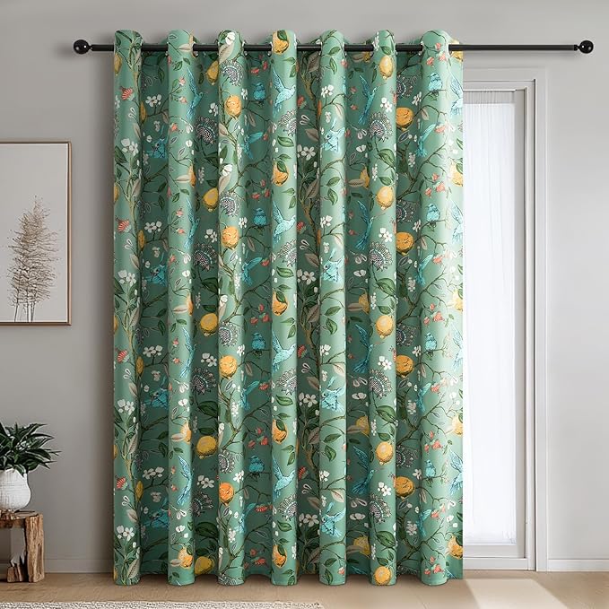 Topfinel Sliding Door Patio Floral Curtains & Drapes, Blackout Extra Wide Room Divider Large Sage Green Vintage Farmhouse Country Hummingbird Patterned Grommet Curtains 1 Single Panels W100 x L84
