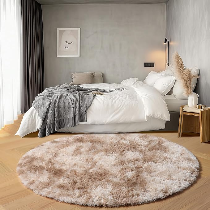 ONASAR Round Rugs 6ft for Living Room Bedroom, Tie-Dye Beige Fluffy Circle Area Rug for Kids Girls Boys Teen, Soft Plush Shaggy Carpet for Nursery Dorm Classroom Playroom Home Decor Aesthetic