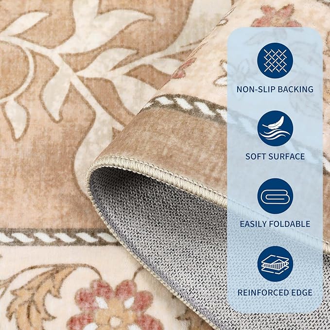 GarveeHome Provence 6x9 Area Rugs, Botanical Grove Vintage Cottagecore Non-Slip Washable Rug for Bedroom Living Room Nursery Kitchen Low-Pile Retro Large Carpet Pinkish Brown