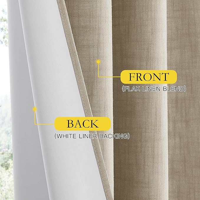 NICETOWN Taupe 100% Blackout Linen Curtains 120 inch Long Burg, Farmhouse Thick Completely Blackout Window Treatment Panels Thermal Insulated Drapes for Living Room (1 Pair, 52" Width Each Panel)