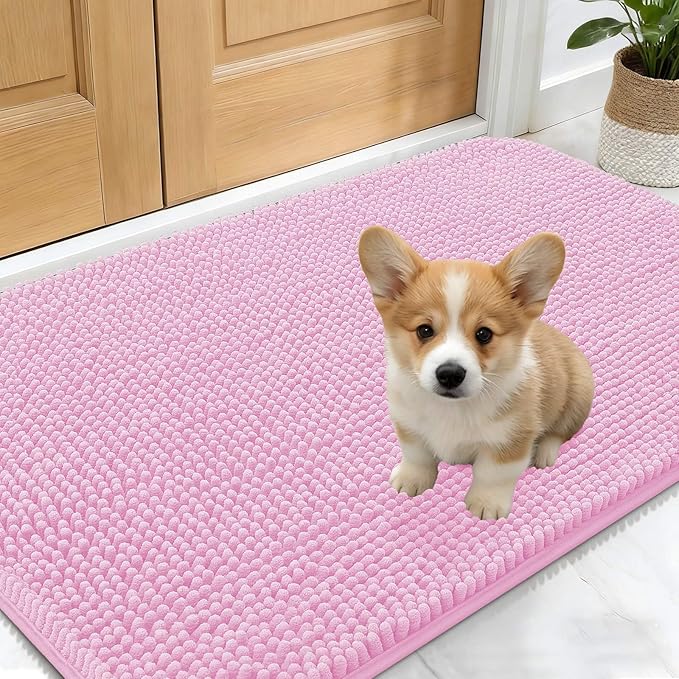 OLANLY Dog Door Mat for Muddy Paws 30x17, Absorbs Moisture and Dirt, Absorbent Non-Slip Washable Doormat, Quick Dry Chenille Mud Mat for Dogs, Entry Indoor Entryway Carpet for Inside Floor, Pink