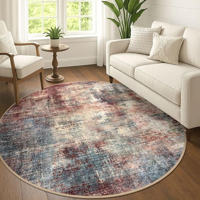 IOHOUZE Abstract Round Area Rug 6 Ft Washable Circle Rugs Large Round Rug Non Slip Thin Soft Circle Rugs, Printed Faux Wool Floor Carpet for Bedroom Living Room Dining Room Nursery, Red/Multi