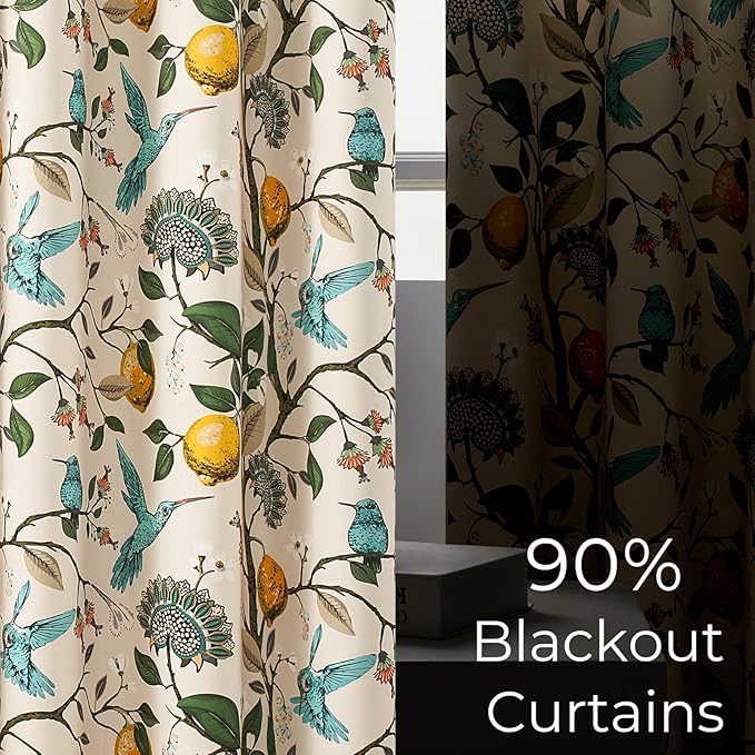 Topfinel Vintage Floral Curtains 72 Inches Long Boho French Country Grommet Botanical Hummingbird Woodland Patterned Lemon Drapes for Bedroom Dining Living Room