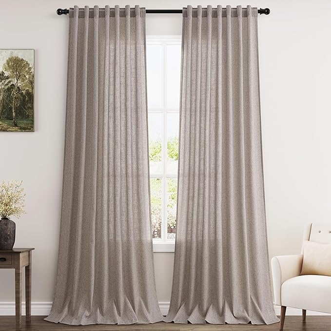 Nanspring Brownish Grey Linen Curtains for Living Room 100 Inches Long Back Tab Light Filtering Semi Sheer Curtain Modern Farmhouse Decor for Bedroom Office Luxury Textured Drapes 52x100, 2 Panels