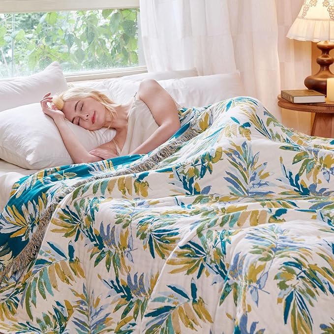 MSGKV Boho Throw Blanket for Couch Cotton Leaves Blanket 50"x60" Throws for Sofa Chair Muslin Spring Breathable Lightweight Farmhouse Blankets Home Decor All Seasons