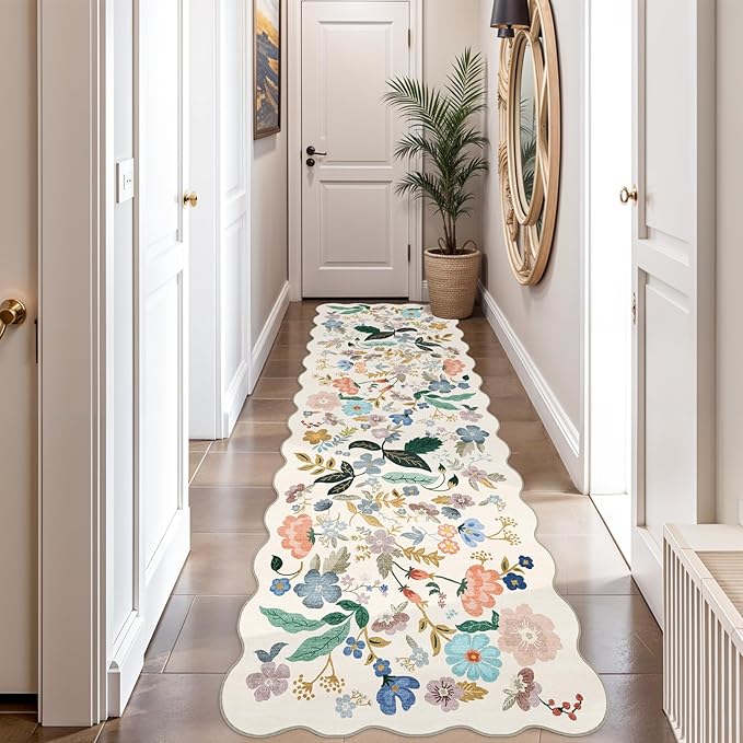 2x10 Washable Hallway Runner Rug: Long Floral Scalloped Soft Runners for Kitchen Entry Thin Non Slip Bathroom Nursery Floor Mat Water Resistant Low Pile 10ft Carpet for Living Room Bedroom(2x10,Cream)