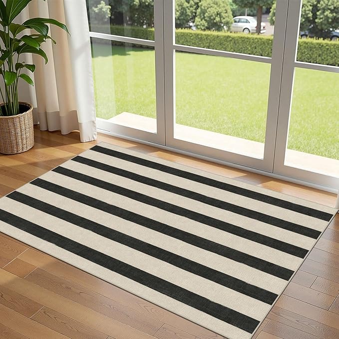 Black and White Striped Entry Rug - 3x5 Ft Washable Indoor Outdoor Front Door Mat Outside Entrance Front Porch Mat Non-Slip Floor Carpet for Bedroom Entryway Kitchen Office Porch Decor