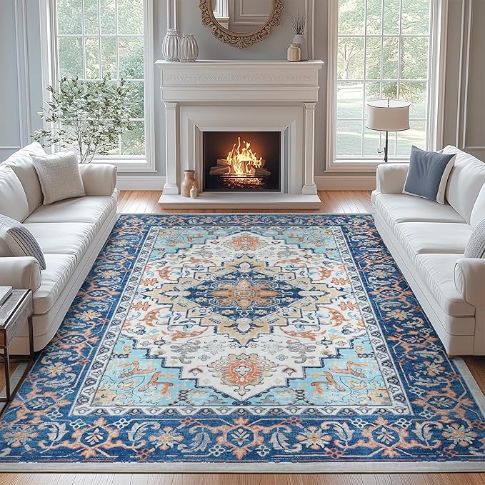 Lofus 9x12 Area Rugs for Living Room, Washable Area Rug, Rugs for Bedroom, Kitchen, Vintage Boho Carpet, Soft Non-Slip, Low Pile Large Area Rug for Office Dining Room, Floral Blue