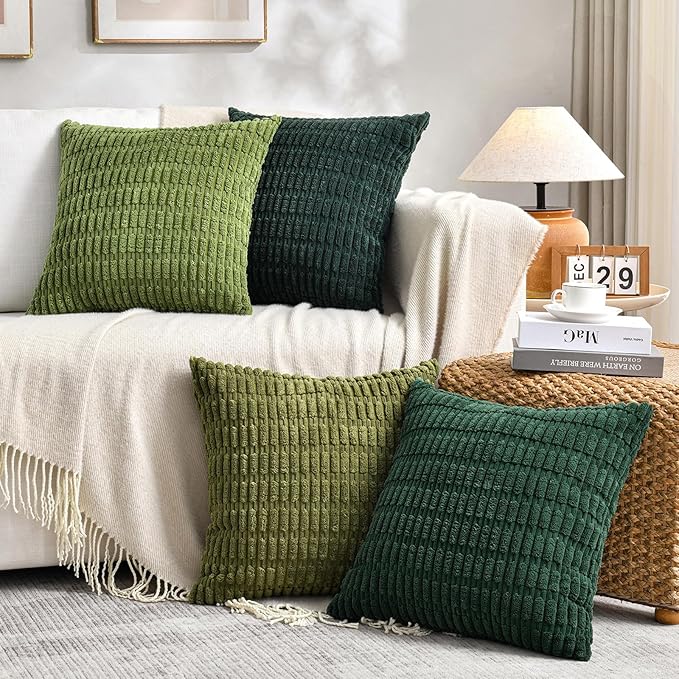 Fancy Homi 4 Packs Boho Moss Green Decorative Throw Pillow Covers 18x18 Inch for Couch Bed Sofa, Rustic Modern Farmhouse Home Decor, Soft Plush Corduroy Cute Square Cushion Case 45x45 cm