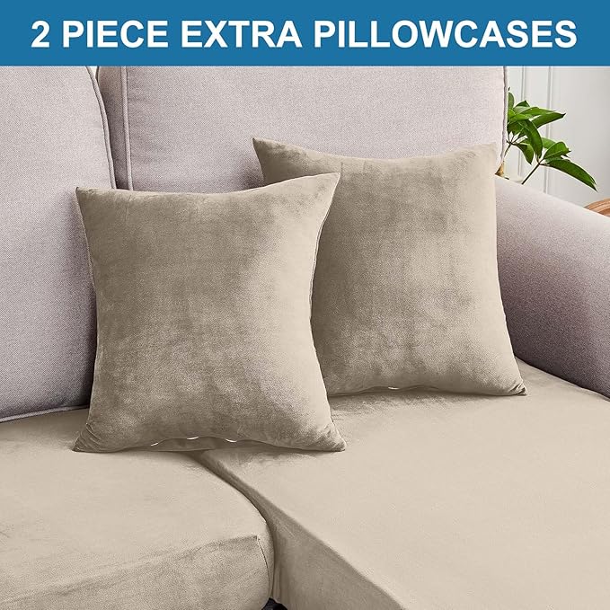 Couch Cover 3-Piece Elastic Velvet Couch Cushion Covers & Chaise Slipcovers for L-Shaped Sofas - Sofa Seat Covers Washable, Soft Protector for Couches (2 Seater + Chaise, Taupe)