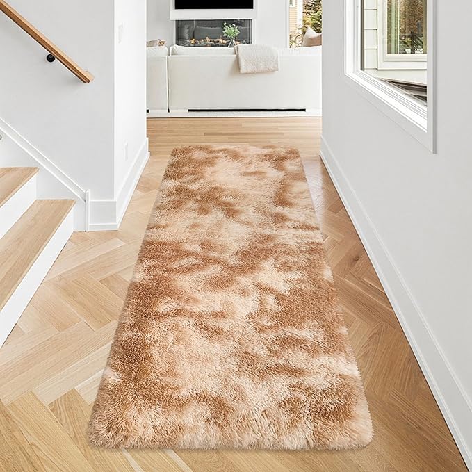 Super Soft Fluffy Living Room Area Rugs 2x5 ft Tie-Dyed Beige Shaggy Furry Carpet Washable Non-Slip Floor Rug Bedroom Bedside Nursery Rug Fuzzy Girls Boy Reduce Noise Dorm Home Decor