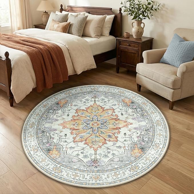 Area Rugs 4ft Washable Non-Slip, Floral Vintage Distress Print Pattern Medallion Carpet for Living Room Bedroom Dining Room, Light Yellow Carbon Grey Orange