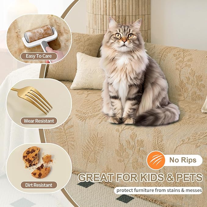 HANDONTIME Washable Couch Covers for Sofa Boho Couch Covers for 3 Cushion Sofa Pet Friendly Camel Chenille Jacquard Couch Protector for Dogs Plant Branch Sectional Cover Sofa Slipcovers, 71" X 134"