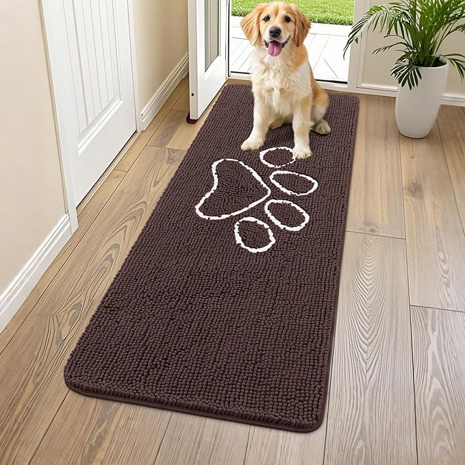 Smiry Dog Door Mat for Muddy Paws, Absorbent Dirt Trapper Non Slip Quick Dry Washable Chenille Mat for Mud Dogs, Entry Rug for Indoor and Outdoor (54x24 Inches, Brown and White)