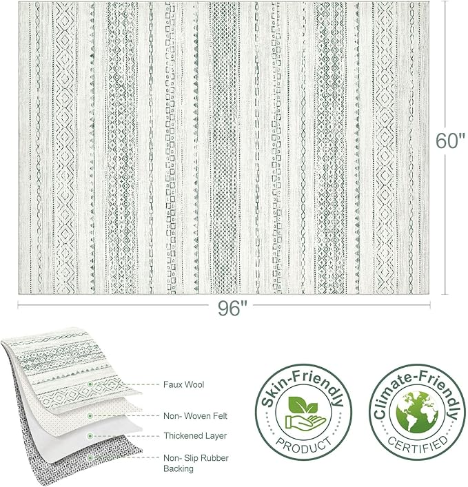 Nakagishi Green Rug Living Room 5x8: Washable Boho Large Neutral Farmhouse Soft Area Rugs Modern Stain Resistant Moroccan Indoor Non-Slip Floor Carpet for Bedroom Nursery Kids Playroom Office