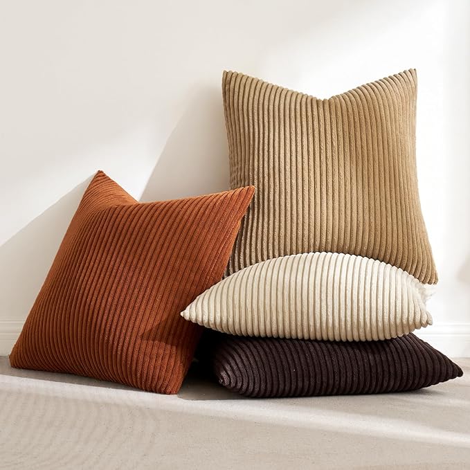 MIULEE Boho Farmhouse Throw Pillow Covers 18x18 Inch Set of 4 Rustic Mordern Neutral Cushion Covers Soft Corduroy Nordic Home Decor for Couch Bed Sofa Living Room Chocolate Brown/Rust