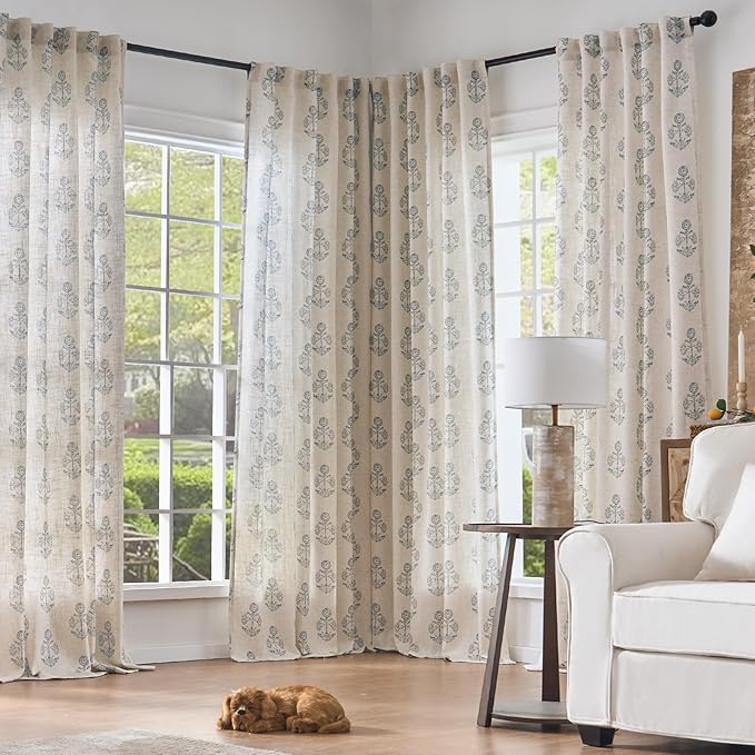 jinchan Linen Floral Curtains for Living Room 84 Inch Length Blue Flower Cottage Core Farmhouse Curtains Rod Pocket Back Tab Boho Semi Sheer Window Drapes Bedroom Set 2 Panels Blue on Beige