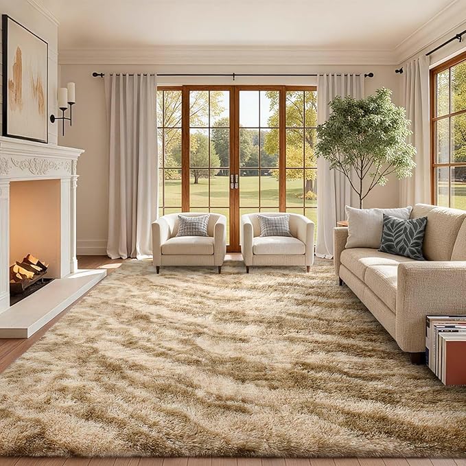 Area Rugs for Living Room, Tie-Dyed 6x9 Feet Soft Fluffy Shagg Plush Rug High Pile Large Indoor Modern Non-Slip Floor Carpet for Bedroom Nursery Kids Home Room Dorm Decor Aesthetic Khaki