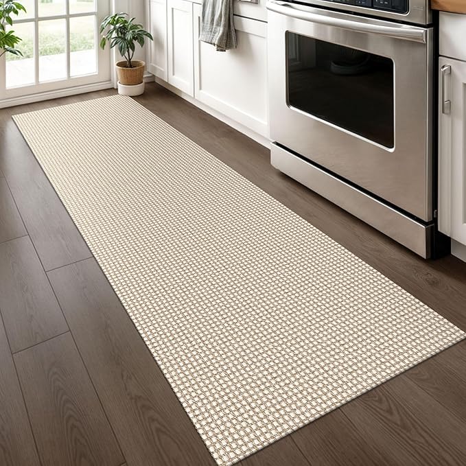 KOZYFLY Runners for Hallways 2x6 ft Washable Kitchen Runner Non Slip Rubber Backed Hall Runners Cotton Entryway Runner Rugs Floor Carpet for Indoor Backdoor Bedroom Kitchen, Ivory/Khaki