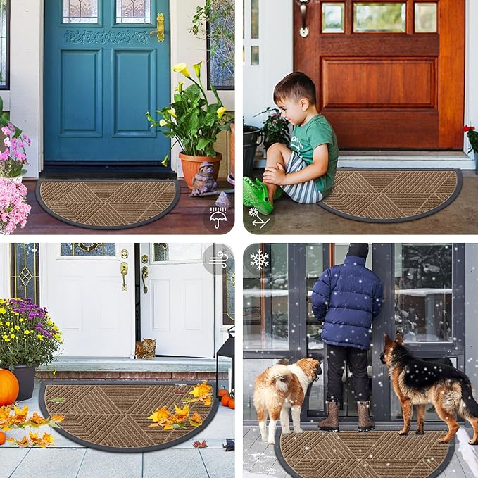 Smiry Half Circle Front Door Mat Outside Entrance, Heavy Duty Sturdy Natural Rubber Doormat, Trap Dirt and Moisture, Low Profile Mats for Indoor Outdoor Entry, Irregular Triangle (35x23, Brown)