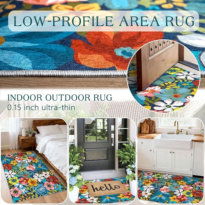 Floral Outdoor Rug - 28" x 43" Front Door Mat Indoor Outside Entrance Non-Slip Washable Outdoor Mat Colorful Spring Flower Rug for Entryway Kitchen Bedroom Layered Doormat for Front Porch