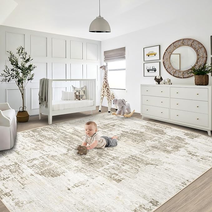XLUEZ 8x10 Area Rugs for Living Room, Washable Modern Abstract Large Area Rug Neutral Soft Non Slip Kids Rug Stain Resistant Indoor Carpet for Bedroom Nursery Dining Room Playroom(BeigeBrown, 8'x10')