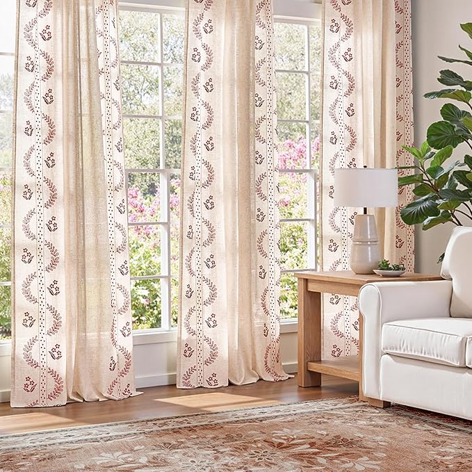 jinchan Belrose Linen Curtains for Bedroom Floral Curtains 96 Inch Length Linen Blend Burgundy Red Embroidered Drapes Farmhouse Flower Patterned Drapes for Living Room Window Treatments Set 2 Panels