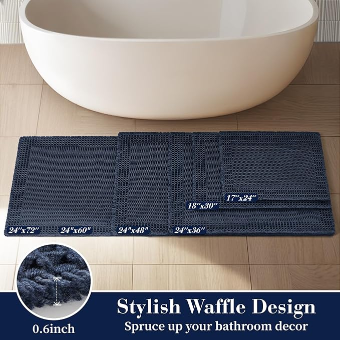RESARE Waffle Bathroom Runner Rugs, Super Absorbent Bath Mat Non Slip Washable Quick Dry, Upgraded Ultra Soft Boho Bath Rugs with Tassels for Hallway Bedroom Laundry Room, 2'x4'(24"x48"), Navy