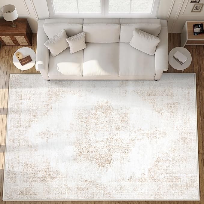 Area Rug 10x14 Vintage Rugs: Large Washable Living Room Rug Retro Medallion Distressed Soft Low Pile Non-Slip Rugs Indoor Floor Carpet for Bedroom Nursery Dining Table Office (Beige,10'x14')