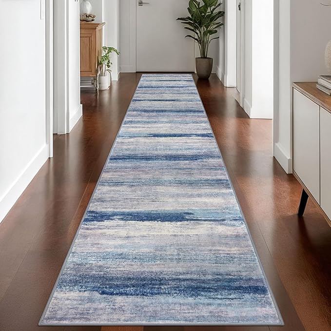 KOZYFLY Modern Abstract Washable Rug Runner 2.6x14 Hallway Rug Runner Non-Slip Soft Kitchen Runner Rugs, Blue/Grey/Beige Striped Carpet for Entryway Bathroom Laundry Room Foyer