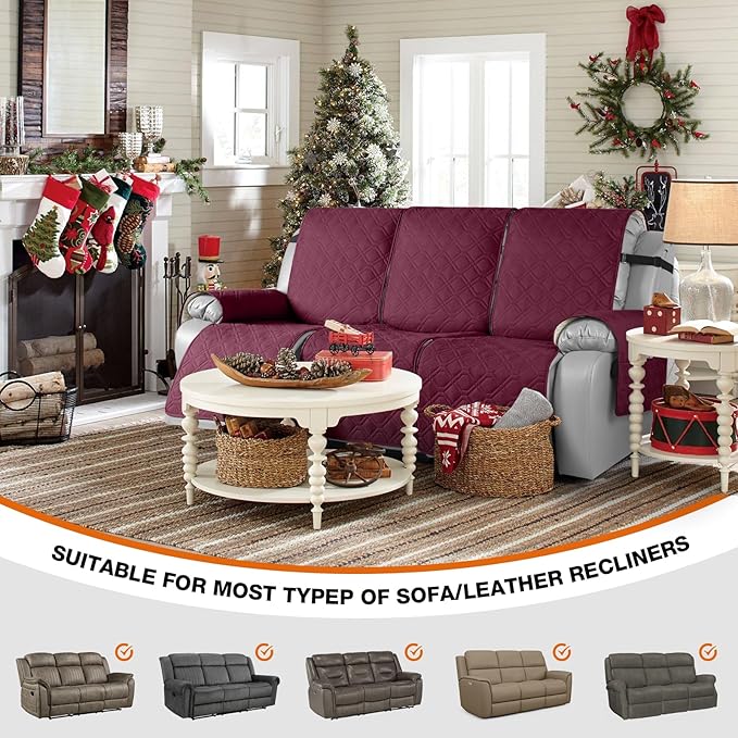 VANSOFY Waterproof Recliner Couch Covers, Sofa Covers 1-Piece Washable Reclining Sofa Cover Non-Slip Furniture Protector with Elastic Straps Pocket for Dogs, Pets(Burgundy,3 Seater)