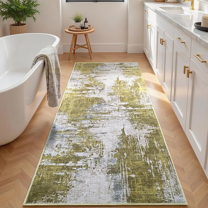 2x6 Sage Green Rug Runners for Hallways Kitchen Runner Rug Non Slip Washable Long Runner Rugs with Rubber Backing Soft Abstract Carpet Runner for Hallways, Kitchen, Bathroom, Entryway