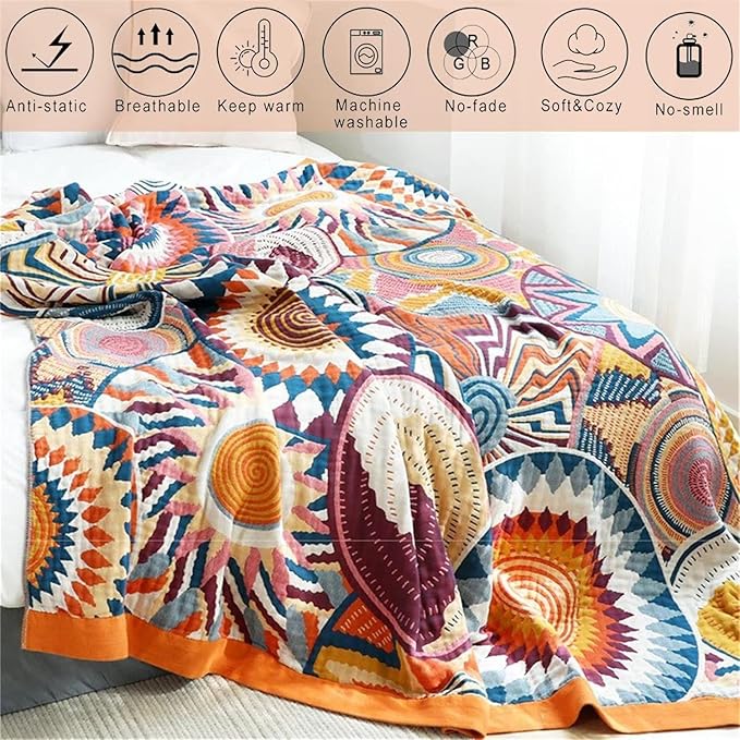 MSGKV Boho Throw Blanket for Couch 50"x60" 100% Cotton Sofa Blanket Spring Breathable Lightweight Blanket Home Decor Muslin All Seasons