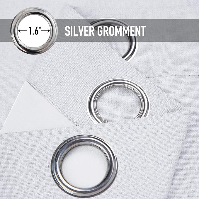 100% Blackout Shield Linen Blackout Curtains for Bedroom, Greyish White Grommet Curtains for Living Room, Thermal Insulated Room Darkening Drapes for Nursery, Boho Home Decor, 40" W x 45" L, 2 Panels