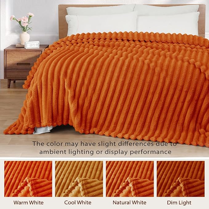 Exclusivo Mezcla Queen Size Flannel Fleece Blanket, Super Soft Striped Jacquard Bed Blanket, Lightweight Fuzzy Cozy for All Seasons, 90x90 Inches, Burnt Orange