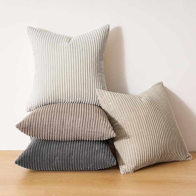 Topfinel 4 Packs Natural Decorative Throw Pillows Covers 22x22 Inch for Living Room Couch Bed Sofa, Rustic Farmhouse Boho Neutral Home Decor, Soft Plush Striped Corduroy Square Cushion Case 40x40 cm