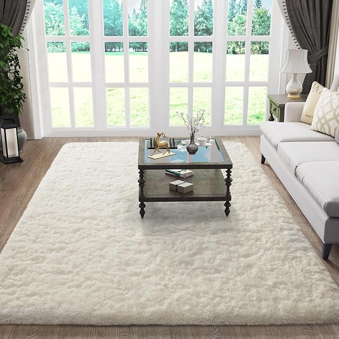 Ophanie Rugs for Living Room, Upgrade Non-Slip Fluffy Soft 5x8 Area Rug, Shag Large Fuzzy Plush Carpets for Bedroom Ivory, Shaggy Kids Boys Girls Dorm Nursery Home Decor Aesthetic