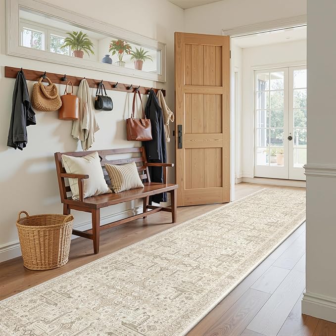 Hallway Washable Runner Rug 2x10 - Non Slip Vintage Kitchen Runner Rugs for Entryway Low-Pile Waterproof Long Runners for Living Room Bedroom Medallion Indoor Floor Mat for Bathroom Laundry Beige