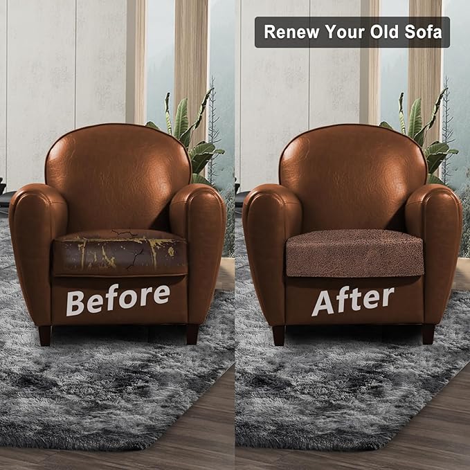 Leather Look Couch Cushion Covers Sofa Seat Slipcovers Sets Couches Furniture Protector for Sectional Armchair Loveseat Pets Kids Stretch Spandex Fabric (1 Cushion Armchair, Brown)
