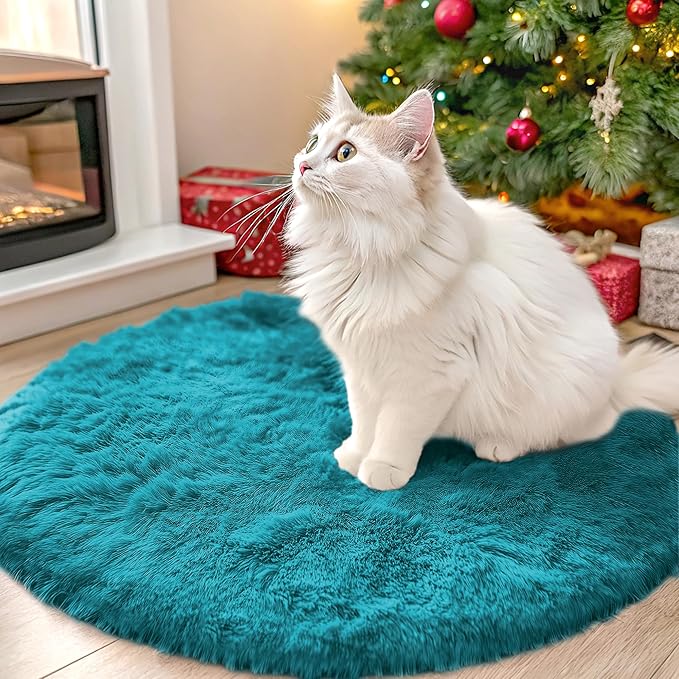 OLANLY Teal Round Rugs for Bedroom - Machine Washable, 2 ft Circle Area Rugs for Living Room, Soft and Fluffy Shaggy Carpet for Teen Girl and Boys, Nursery Rooms, Dorms, Home Decor Aesthetic