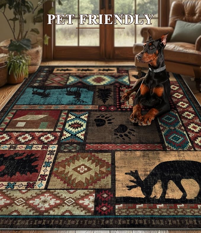 YIHOUSE Rustic Cabin Area Rug 4x6,Machine Washable Lodge Bear Rug,Non-Slip Low Pile Print Pattern Western Rug for Living Room Bedroom