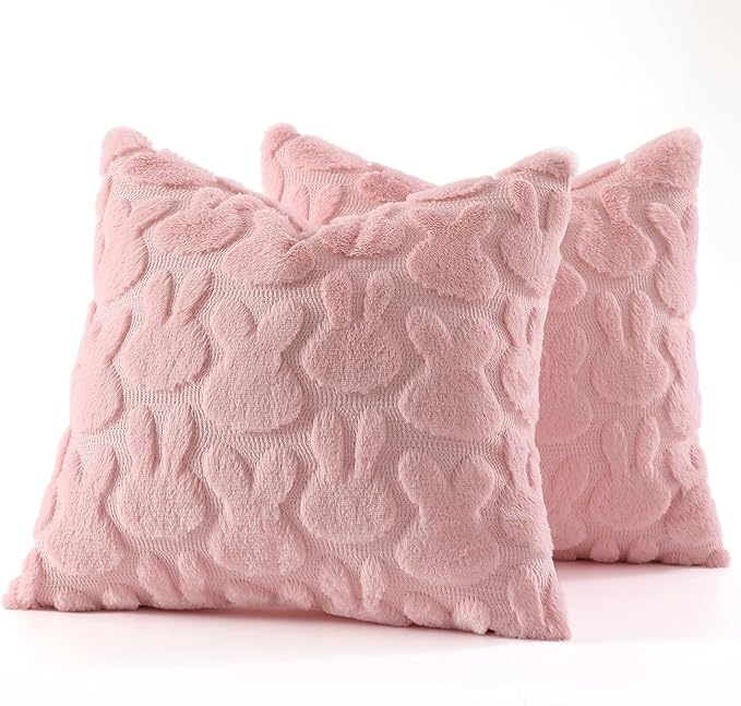 decorUhome Easter Bunny Pillow Covers 16x16 Inch Set of 2, Soft Plush Faux Wool Jacquard Pink Rabbit Cushion Covers, Farmhouse Neutral Spring Easter Holiday Decor for Couch Sofa Bed
