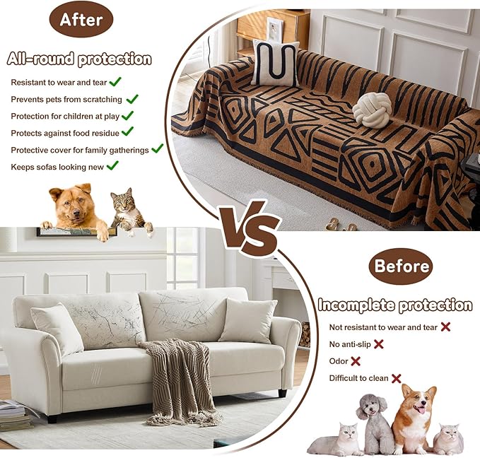 HANDONTIME Boho Geometric Couch Covers for Sofa Pet Friendly Brown and Black Sofa Covers Washable Chenille Couch Blanket Cover for 2 3 Cushion Couches Pet Protector Furniture Cover Soft, 71" X 118"