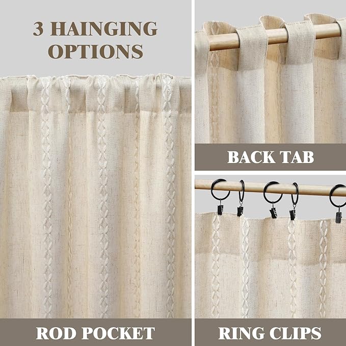 Boho Light Filtering Curtains 2 Panels 84 Inch for Living Room Bedroom, Beige Linen Texture Farmhouse Curtains with Tassels and Cotton Embroidery Vintage Rustic Western Rod Pocket