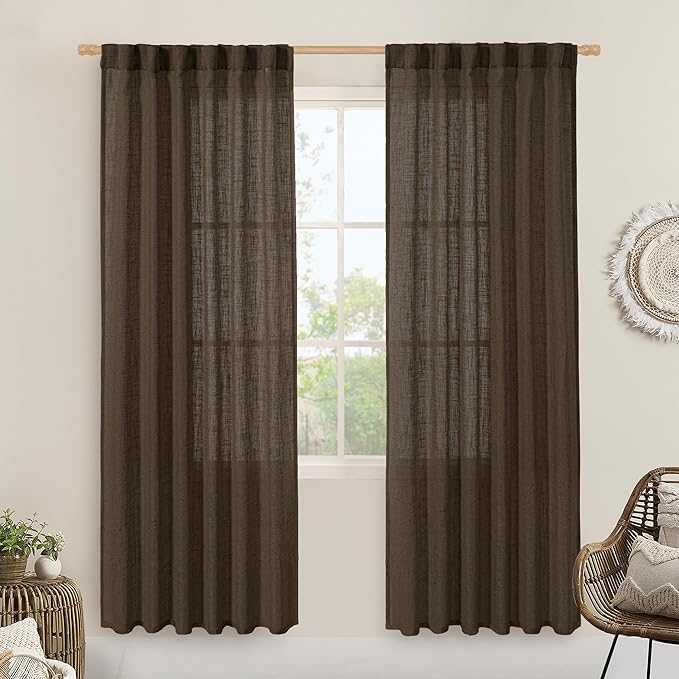 LAMIT Dark Brown Sheer Linen Curtains, 80 inch Light Filtering Semi Sheer Panels Back Tab and Rod Pocket Farmhouse Rust Drapes for Bedroom/Living Room, 2 Panels, 52 x 80 Inch