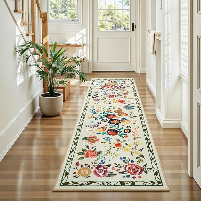Rugflix 2x6 Runner Rug for Hallway, Washable Kitchen Runner Non Slip, Soft Low Pile Entryway Carpet, Vintage Floral Stain Resistant Long Laundry Room Rugs for Bedroom, Stairs, Beige Yellow