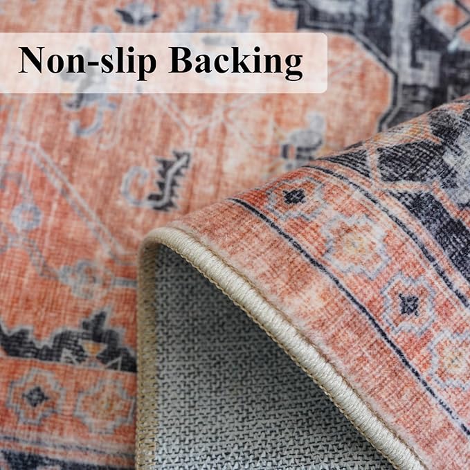 Washable 2x5 Hallway Runner Rug: Indoor Vintage Water Resistant Kitchen Entryway Rug Soft Living Room Bedroom Carpet Thin Low Pile Non Slip Floor Mat for Bathroom Laundry Dining Room(2X5,Orange)