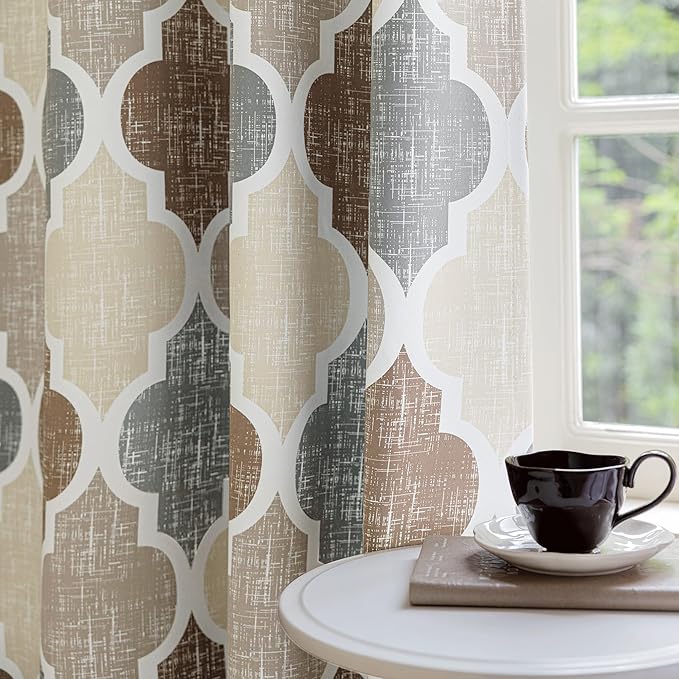 Beauoop 100% Blackout Curtains 72 Inches Long 2 Panels for Bedroom Living Room Brown Grey Moroccan Geo Room Darkening Thermal Insulated Soundproof Grommet Top Window Treatments Drapes, 50x72 Set of 2
