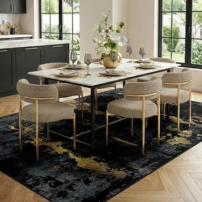 Washable Area Rugs 8'x10' Non-Slip Modern Abstract Soft for Living Room Entryway Bedroom Nursery, Print Pattern, Dark Black Gold